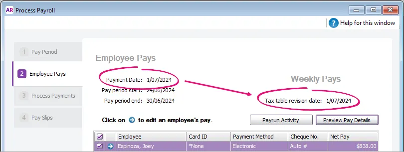 Example pay run with 1 July payment date and tax table revision dates highlighted