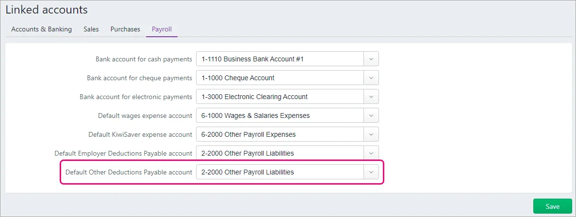 Example linked accounts with deductions account highlighted