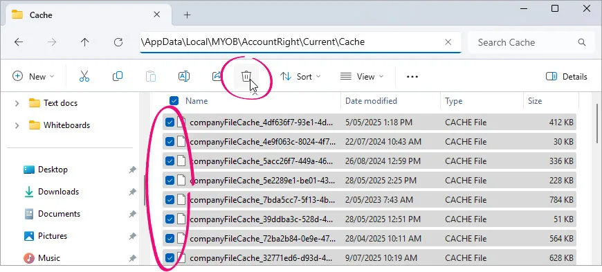 Cached files selected and mouse hovering over the delete icon