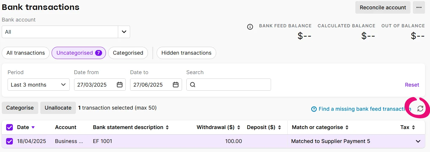 Refresh list icon highlighted on bank transactions page
