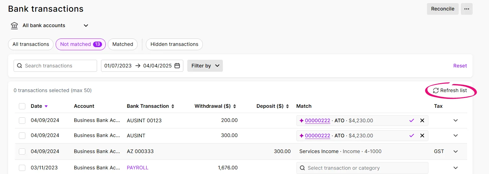Refresh list highlighted on bank transactions page