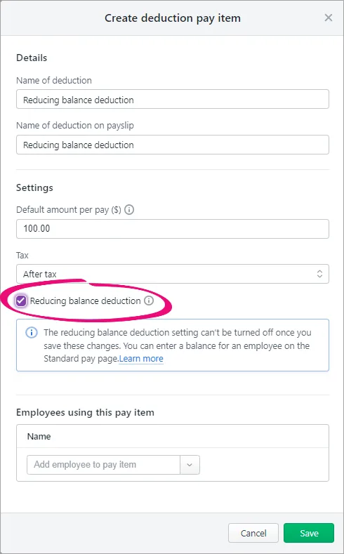 Example reducing balance deduction setup