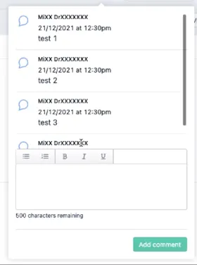 List of comments with the date and time they were added and the user who added them, above the text box