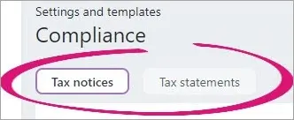 Tax notices and Tax statements options highlighted in the Settings and templates Compliance page