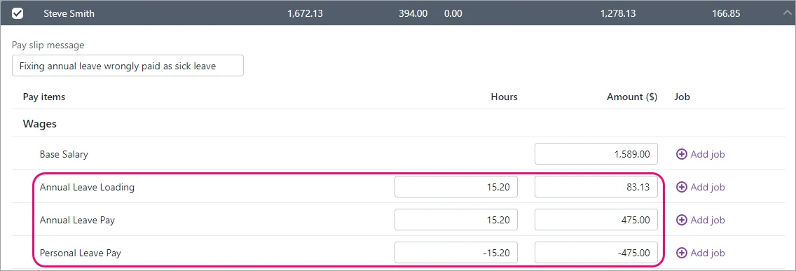 Example pay with leave adjustment highlighted