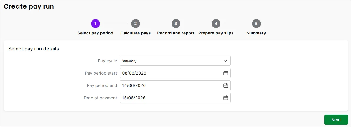 Select pay period step of the pay run