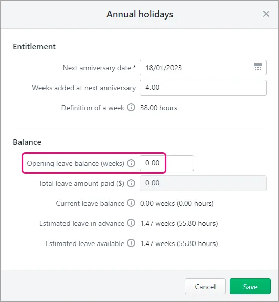 Annual holidays screen with opening leave balance field highlighted