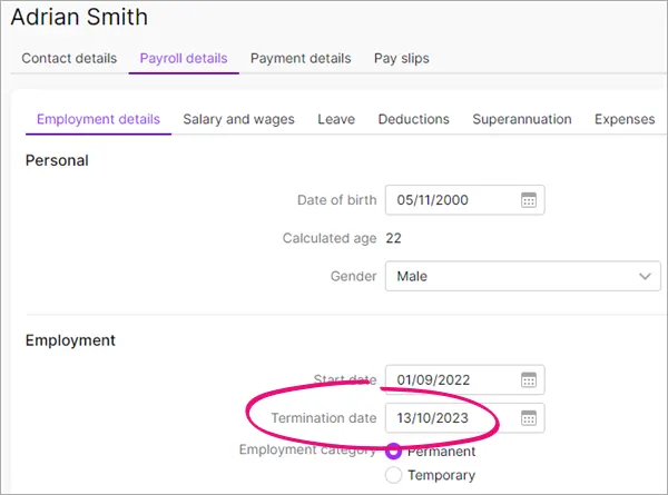 Example employee record with termination date highlighted
