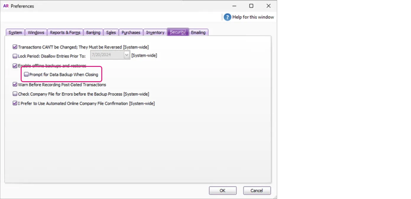 Example preferences window with backup reminder option highlighted