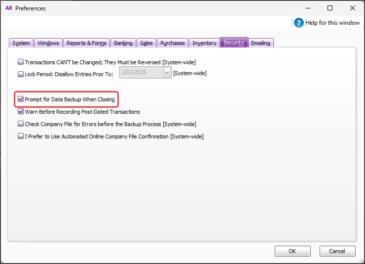 Example preferences window with backup reminder option highlighted