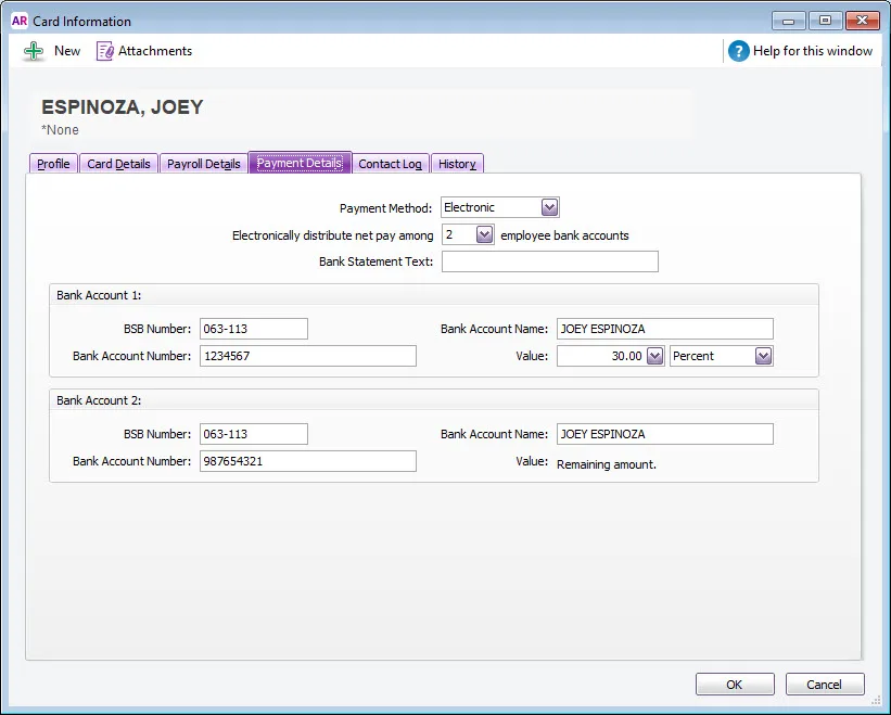 Example employee bank account details
