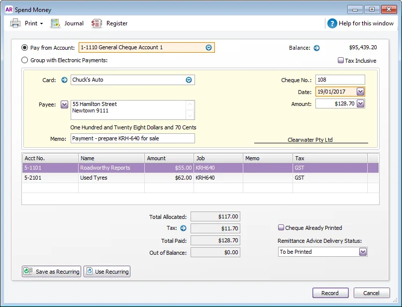 Example spend money for associated costs