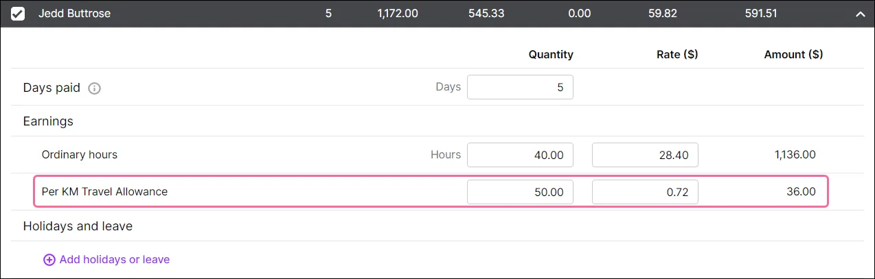 Example of a Per KM travel allowance on an employee pay