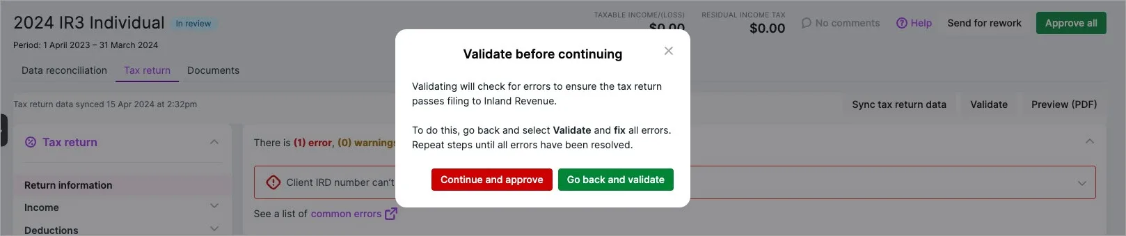 Return validation message