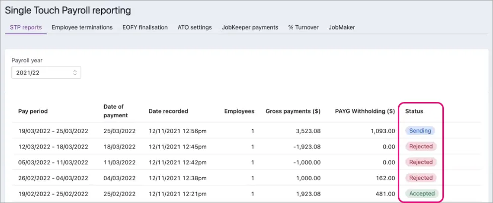 STP reporting centre with status column highlighted