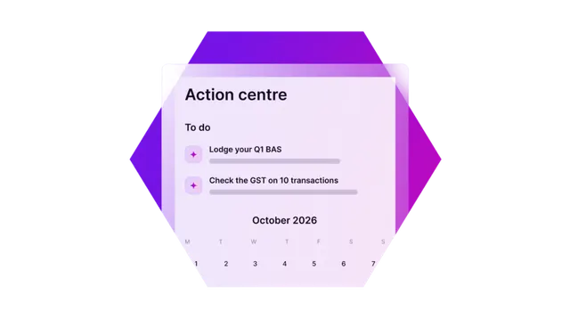 A purple hexagon graphic displaying an Action Centre with to-do tasks and an October 2026 calendar view.