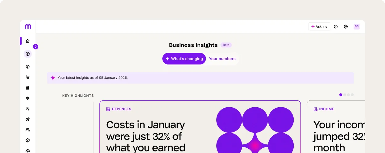 MYOB Business Insights dashboard showing expense and income highlights with purple navigation icons and an Ask Iris feature.