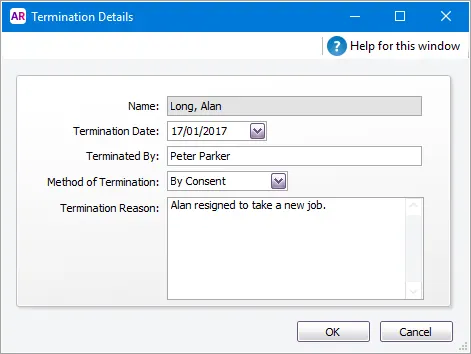 Termination details window with details entered