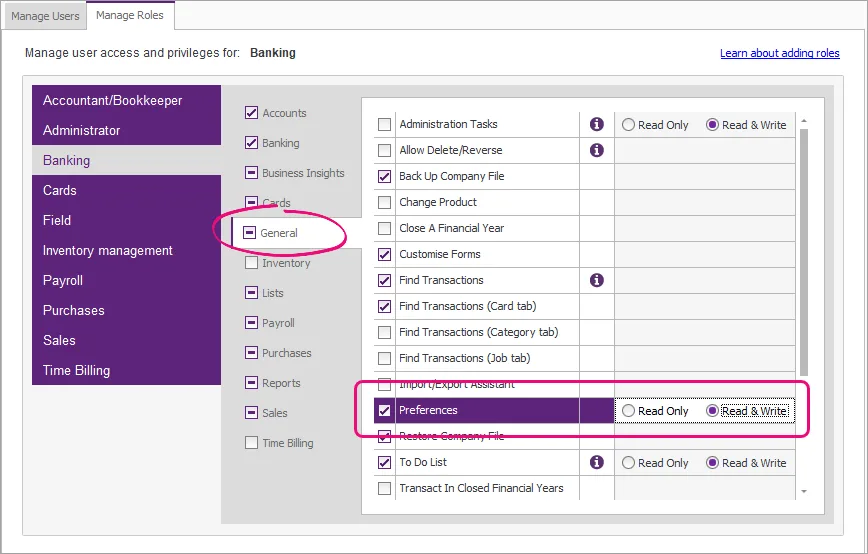 Manage roles window with preferences permission highlighted