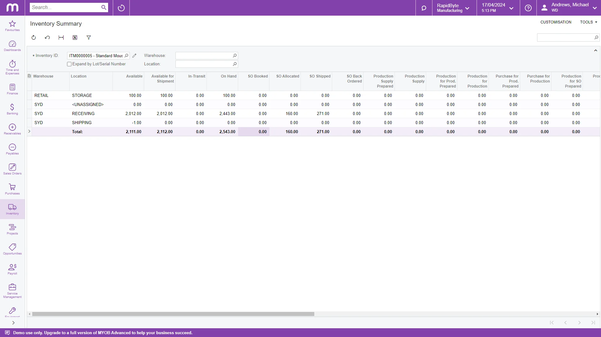Keep track of stock across multiple warehouse locations with a summary of your stock inventory at each location.