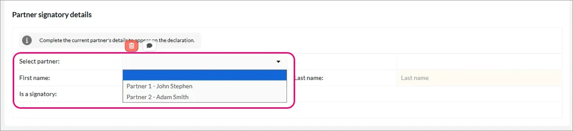 Partner signatory details section with the First name option expanded showing two selectable partner names