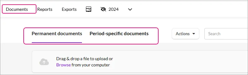 Documents page showing Permanent documents and Period-specific documents