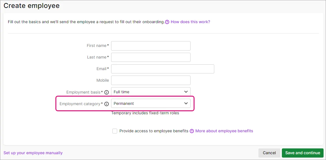 Example create employee screen with employment category field highlighted