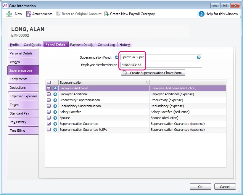 Example super fund and membership number entered for an employee