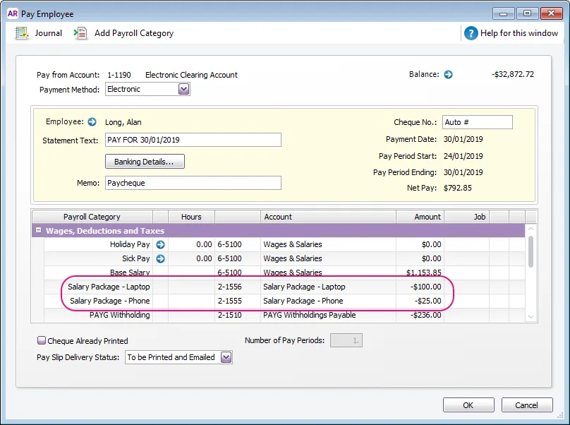 Example pay with salary package items highlighted