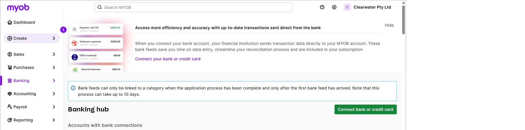 Browser with bank feed connection screen