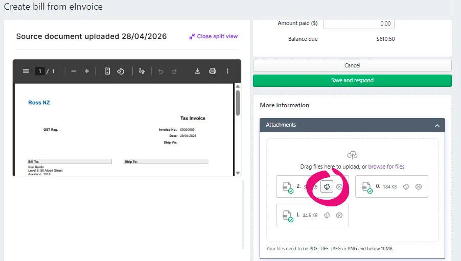 Download an attachment when creating a bill from an eInvoice