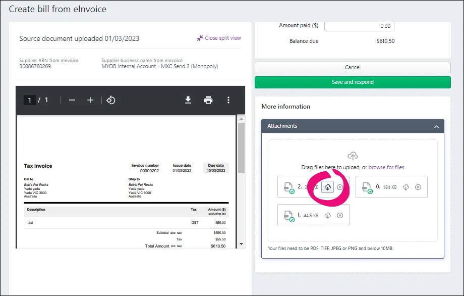 Download an attachment when creating a bill from an eInvoice