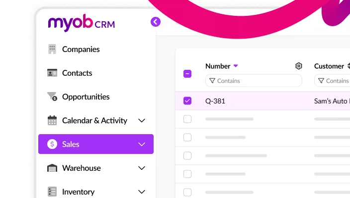 A render of the MYOB CRM portal, focused on the Sales tab.