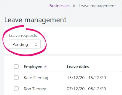 Leave requests field showing pending