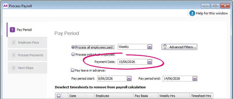 Example pay run with payment date highlighted