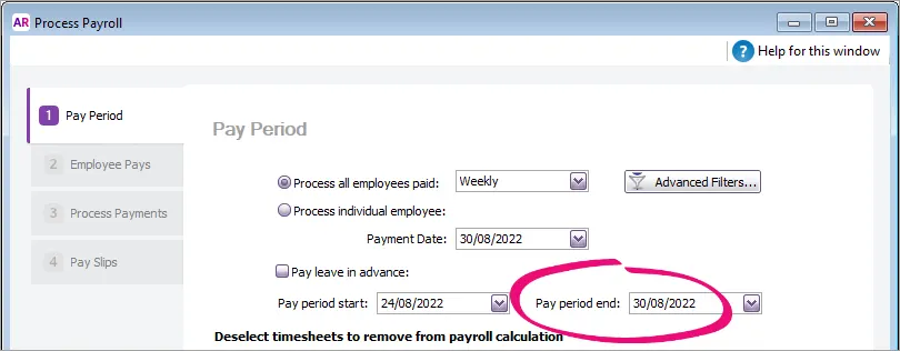 Example pay run with pay period end date highlighted
