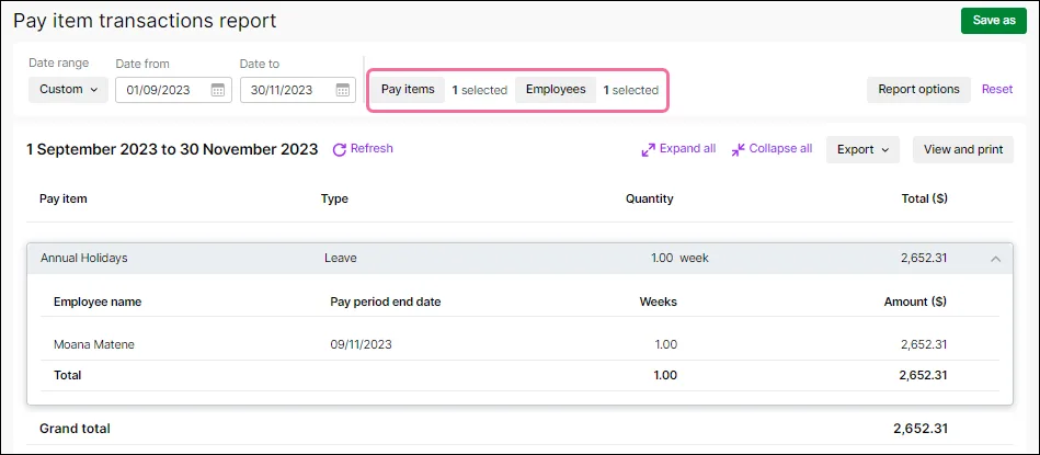 Pay item transactions report