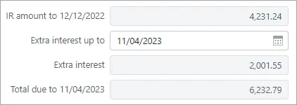 The fields IR amount to a date, Extra interest up to, Extra interest and TOtal due to a date with their amounts