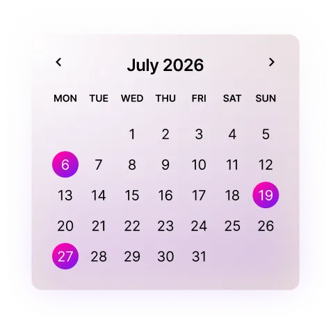 Calendar with key dates New Zealand for July 2026 with dates 6, 19, and 27 highlighted.