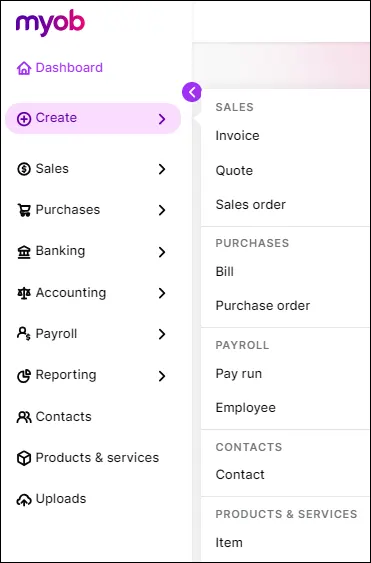 Create menu clicked with creatable things listed