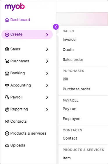 Myob Visual Vertical menu and simplified language in MYOB Business