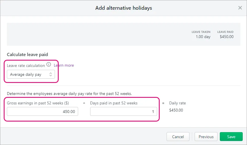Example alternative holidays payout