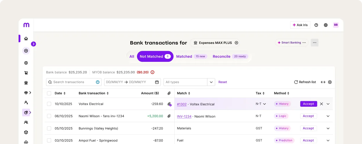 MYOB bank transactions screen showing unmatched transactions list with Smart Banking feature and Iris AI assistant.
