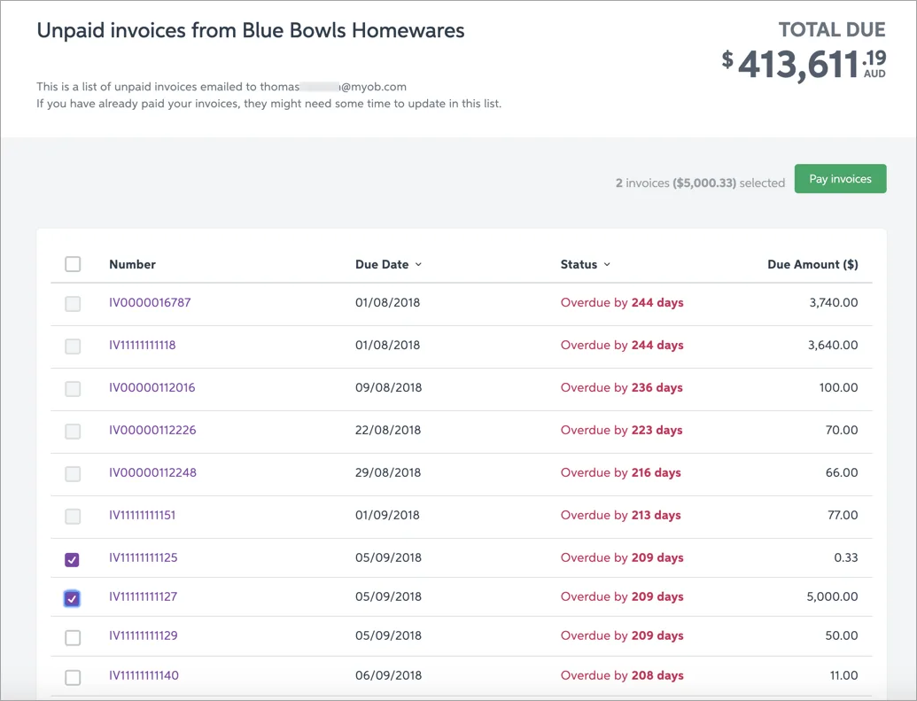 Example list of unpaid invoices with two invoices selected