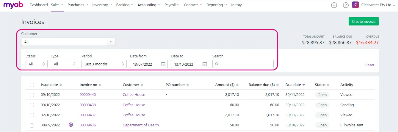 Invoices page showing filter options