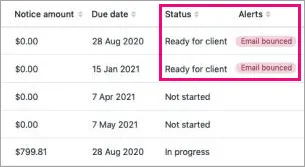 Status and Alerts columns highlighted, with the Status columns saying Ready for client, and the Alerts column saying email bounced