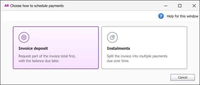 AccountRight prompt to choose deposit or instalments