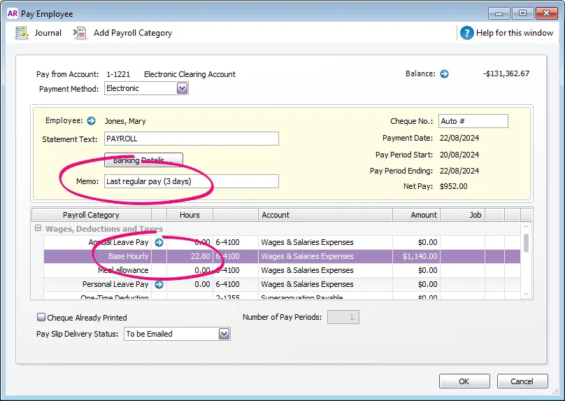 Example pay with memo and hours highlighted