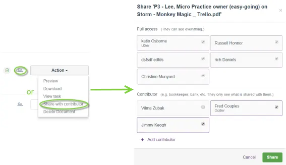 The Action option Share with contributor leading to share access and contributor options.