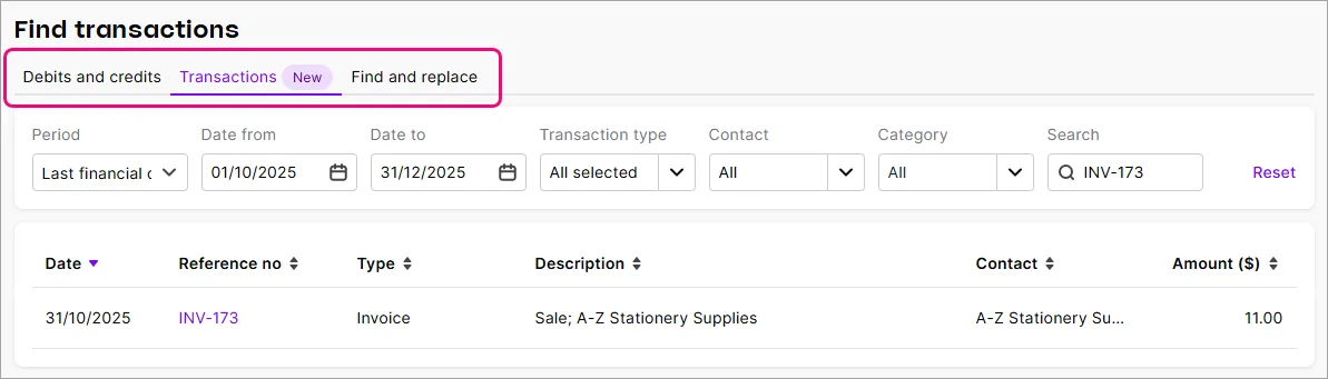 Example find transactions page with the 3 tabs highlighted